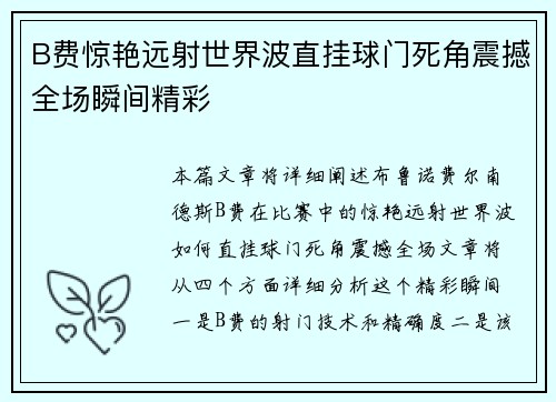 B费惊艳远射世界波直挂球门死角震撼全场瞬间精彩