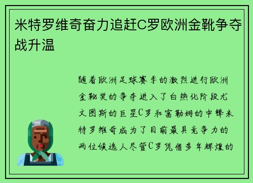 米特罗维奇奋力追赶C罗欧洲金靴争夺战升温 米特罗维奇奋力追赶C罗欧洲金靴争夺战升温