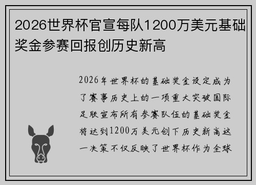 2026世界杯官宣每队1200万美元基础奖金参赛回报创历史新高